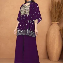 PARROT CREATION Floral Embroidered Georgette V-Neck Kurti With Palazzos & Jacket-image-99