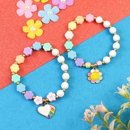 Asthetika Girls Set Of 2 Heart & Smiling Flower Beaded Charm Bracelets-7