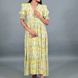 THE BEHRUZ THEORY Women Floral Print Puff Sleeve Cotton A-Line Maxi Dress-image-34