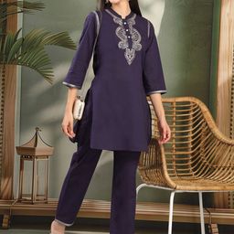 Nayam By Lakshita Women Solid Embroidered Straight Cotton Kurta & Palazzo Set-picture-23
