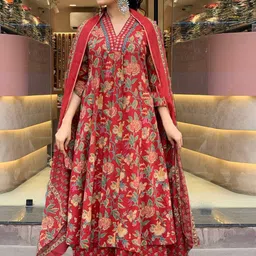 Royal Export Floral Printed V-Neck A-Line Kurta with Palazzos & Dupatta image 4