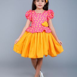 Pink Chick Girls Heart Printed Puff Sleeves Applique Peplum Dress with Matching clip-picture-7