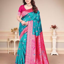 MAGNEITTA Ethnic Motifs Zari Silk Blend Banarasi Saree-image-30