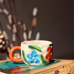 WEAVING HOMES Cream-Coloured & Blue Printed Ceramic Glossy Mugs Set of Cups and Mugs-5
