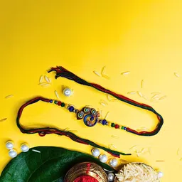MANSIYAORANGE Set Of 2 Beaded Cotton Thread With AD Stones & Meenakari Thread Rakhi-17