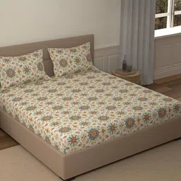 Portico Vibrant Beige & Green Printed Cotton 210 TC Super King Bedsheet Set 2.74 x 2.74m-image-15