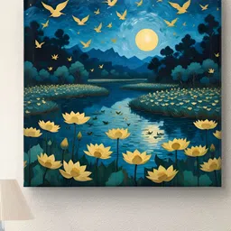 Myntra Elegant Homes Black & Blue Moon and Flying Birds Canvas Wall Art-image-72