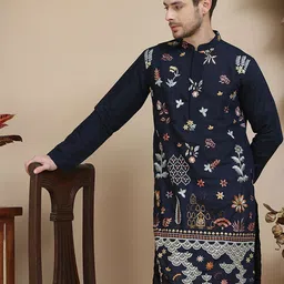 Jompers Floral Embroidered Mandarin Collar Silk Cotton Silk Straight Kurta-picture-50