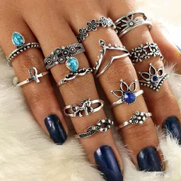 Yellow Chimes Set Of 13 Oxidized Silver-Plated Crystal-Studded Handcrafted Midi Finger Rings-22
