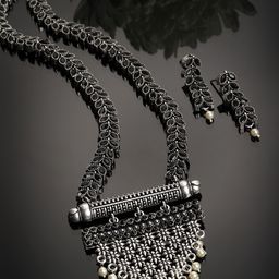 PANASH Oxidized Silver-Plated & Black Artificial Stone-Studded Handcrafted Jewellery Set-4