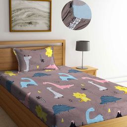 Aura Brown & Blue Cartoon Characters 350 TC Single Bedsheet with 1 Pillow Covers-image-80