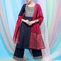 Vishudh Floral Printed Round Neck Straight Kurta With Palazzos & Dupatta-19
