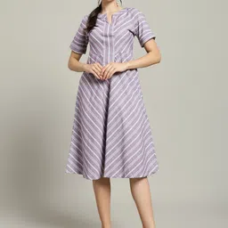 REBERRY Striped A-Line Cotton Midi Dress-image-7