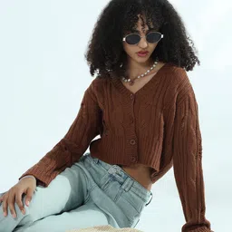 SHOWOFFFF Women Cable Knit V-Neck Crop Cardigan-image-89