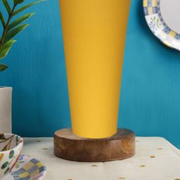 Devansh Yellow Cotton Cylinder Table Lamps With Brown Round Wood Base-12