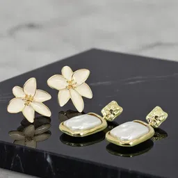 FIMBUL Set Of 2 Gold-Plated Artificial Stones Studded Floral Studs-13