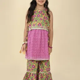 LIL PITAARA Girls Floral Printed Regular Gotta Patti Pure Cotton Kurti with Sharara-image-94