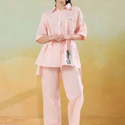 Aura By Sanskrutihomes Embroidered Pure Cotton Shirt Collar Top With Trousers Co-Ords-image-4