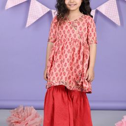 Here&Now X Kinder Kids Girls Ethnic Motifs Printed Angrakha Gotta Patti Pure Cotton Kurta with Sharara-picture-3