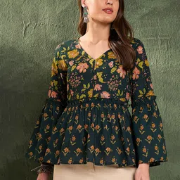 Shae by SASSAFRAS Floral Printed V-Neck A-Line Pure Cotton Kurti-picture-23