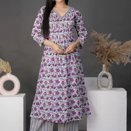 MEHKFAB Floral Printed Pleated Sequinned Pure Cotton Kurta With Palazzos & Dupatta-17