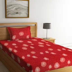 Arrabi Red & White Floral 300 TC Single Bedsheet with 1 Pillow Covers-image-79
