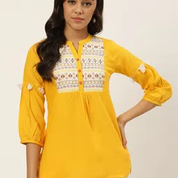 RANGMAYEE Women Mustard Yellow Embroidered Yoke High-Low Tunic-image-83
