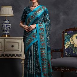 Saree mall Teal & White Ethnic Motifs Printed Patola Saree-image-95
