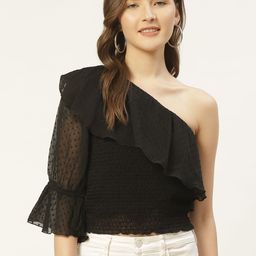Antheaa Women Black Self Design One-Shoulder Smocked Layered Top-20