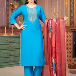 Sangria Girls Embroidered Sequinned Pure Silk Kurta With Trouser & Dupatta-image-89