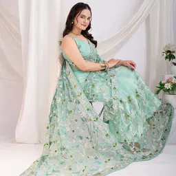 HERE&NOW Floral Printed Embroidered Net Saree image 5