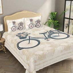 Bombay Spreads Beige & Blue Floral Pure Cotton144 TC King Bedsheet with 2 Pillow Covers-image-89