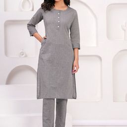Sarai Striped Round Neck Kantha Work Pure Cotton Straight Kurta With Trousers-25