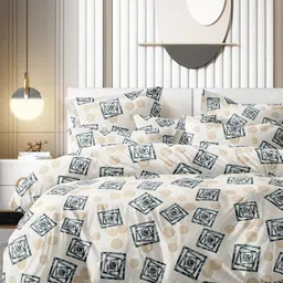 Bajo's White & Blue Geometric 350 TC King Bedsheet with 2 Pillow Covers-image-45