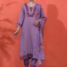 Sangria Women Embroidered Straight Kurta With Trousers & Dupatta-image-86