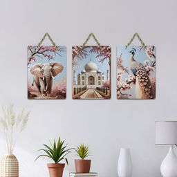 ArtVibes Pink & Blue 3 Pieces Elephant Taj & Peacock Printed Wooden Wall Hanging Decor-image-33