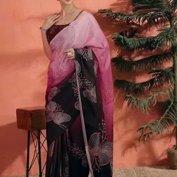 Sangria Floral Printed Satin Saree With Unstitched Blouse-picture-17