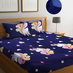 Myntra Elegant Homes Navy Blue & Pink Printed 300TC Fitted King Bedsheet Set 1.98m x 1.82m-image-71