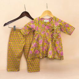 LITTLE GINNIE Girls Floral Printed Angrakha Pure Cotton Anarkali Kurti With Trousers-image-32