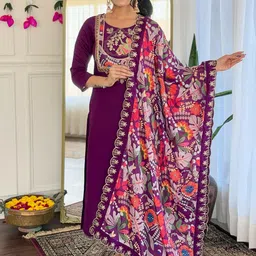 THE52 Women Floral Embroidered Regular Chanderi Cotton Kurta with Trousers & With Dupatta-image-84