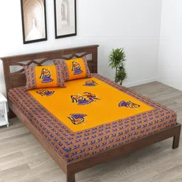 Aura Yellow & Navy Blue Ethnic Printed Pure Cotton 120 TC Queen Bedsheet Set 2.35 x 2.15m-image-29