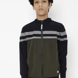 CHIMPRALA Boys Navy Blue Olive Green Striped Water Resistant Running Bomber Jacket-image-91