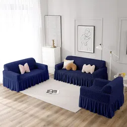 Cortina Navy Blue 3 Pieces Self-Design Three Seater & Single Seater Skirt Sofa cover-picture-5