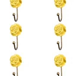 IndianShelf Yellow 6 Pieces Ceramic Flower Cloth Hanger for Wall Hooks For Kitchen-18