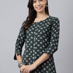 MEESAN Olive Green & White Viscose Rayon Printed Tunic-image-62