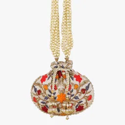 Anekaant Cream-Coloured & Orange Embroidered Potli Clutch-15