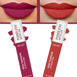 FORFOR Set of 2 Power Stay Matte Lips Non-Transfer 12 Hours Stay Velvet Matte Liquid Lipstick 4 ml Each- Pink Blush 10-Candy Red 01-13