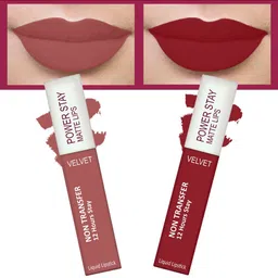 FORFOR Set of 2 Power Stay Matte Lips Non-Transfer 12 Hours Stay Velvet Matte Liquid Lipstick 4 ml Each- Peppy Red 22-Sandy Nude 21-12