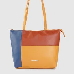 Caprese Mustard Yellow & Rust Red Colourblocked & Saffiano Texture Structured Shoulder Bag-image-75