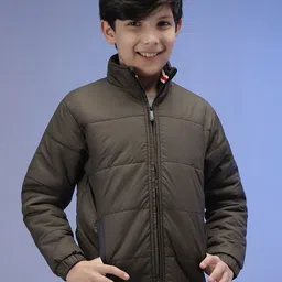 Instafab Boys Olive Green Windcheater Outdoor Padded Jacket with Patchwork-image-10
